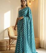 Rama & white color polka dots printed japan satin saree with unstitched blouse