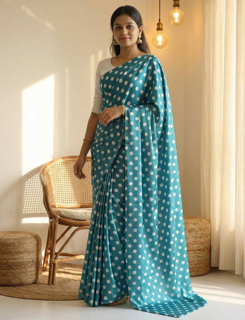 Rama & white color polka dots printed japan satin saree with unstitched blouse