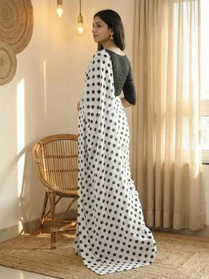 White & black color polka dots printed japan satin saree with unstitched blouse 3