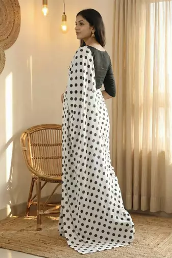 White & black color polka dots printed japan satin saree with unstitched blouse