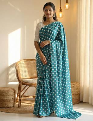 Rama & white color polka dots printed japan satin saree with unstitched blouse 2