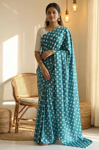Rama & white color polka dots printed japan satin saree with unstitched blouse