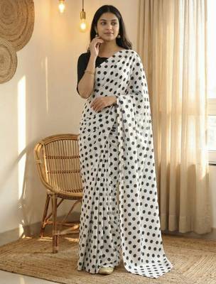 White & black color polka dots printed japan satin saree with unstitched blouse 4