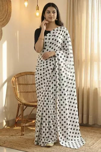 White & black color polka dots printed japan satin saree with unstitched blouse