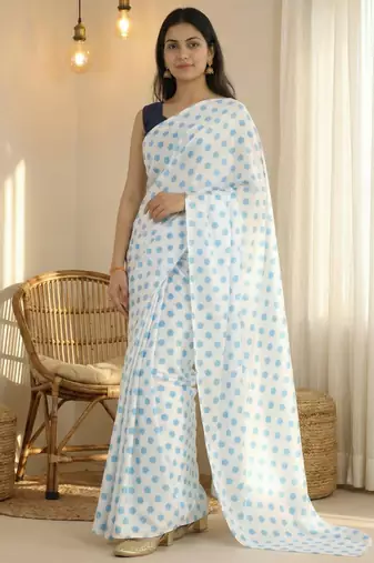 White & sky color polka dots printed japan satin saree with unstitched blouse