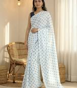 White & sky color polka dots printed japan satin saree with unstitched blouse
