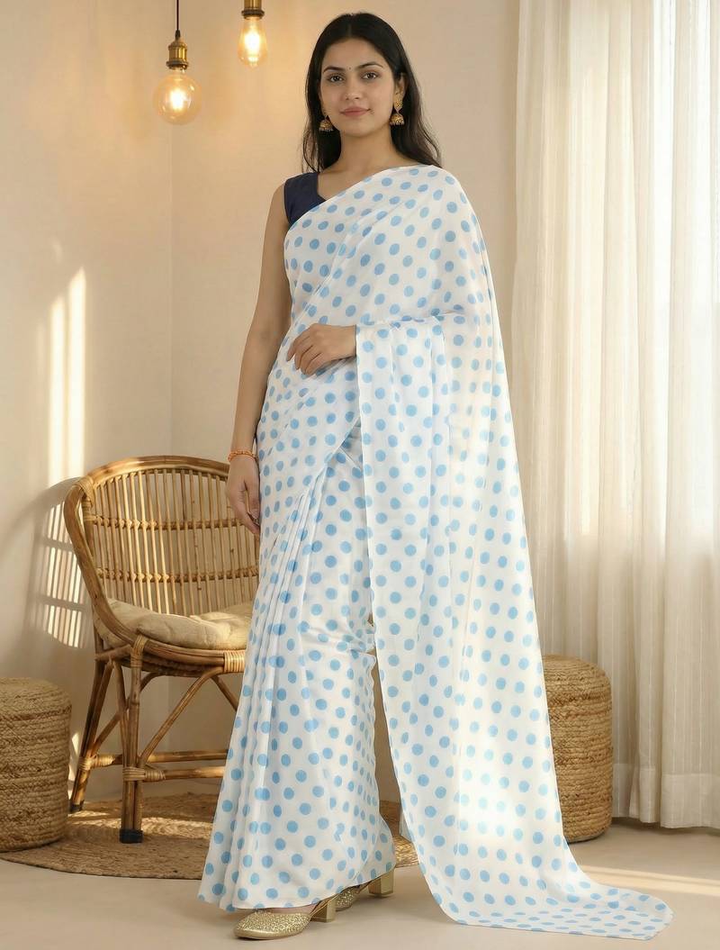 White & sky color polka dots printed japan satin saree with unstitched blouse