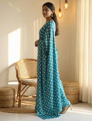 Rama & white color polka dots printed japan satin saree with unstitched blouse 3