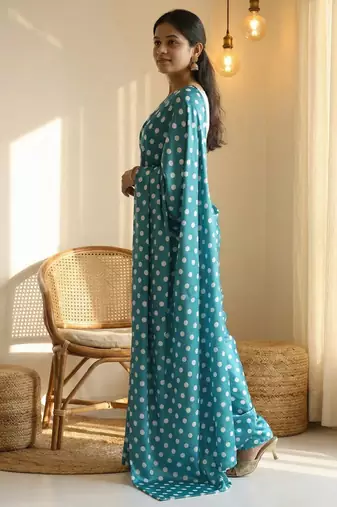 Rama & white color polka dots printed japan satin saree with unstitched blouse