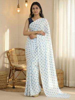 White & sky color polka dots printed japan satin saree with unstitched blouse 2