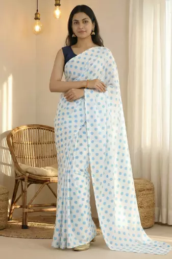 White & sky color polka dots printed japan satin saree with unstitched blouse