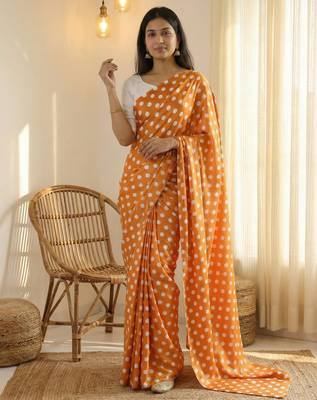 Orange & white color polka dots printed japan satin saree with unstitched blouse 1