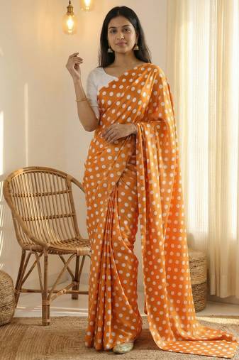 Orange & white color polka dots printed japan satin saree with unstitched blouse