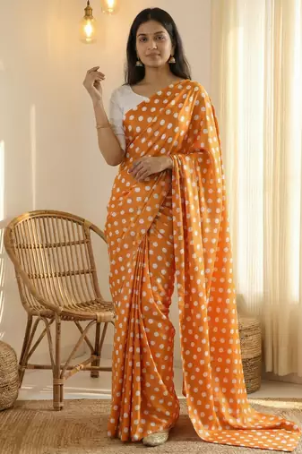 Orange & white color polka dots printed japan satin saree with unstitched blouse