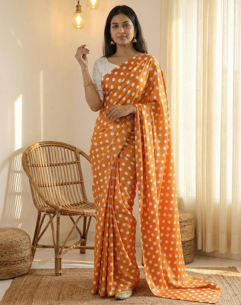 Orange & white color polka dots printed japan satin saree with unstitched blouse