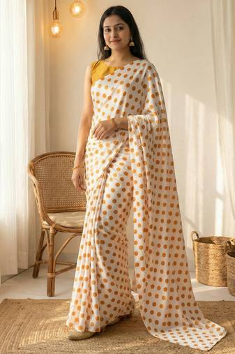 White & orange color polka dots printed japan satin saree with unstitched blouse