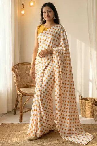White & orange color polka dots printed japan satin saree with unstitched blouse