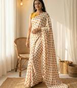 White & orange color polka dots printed japan satin saree with unstitched blouse
