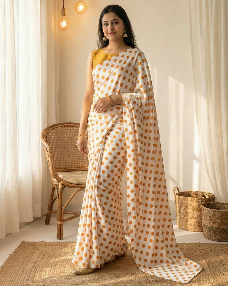 White & orange color polka dots printed japan satin saree with unstitched blouse