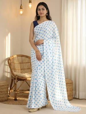 White & sky color polka dots printed japan satin saree with unstitched blouse 3