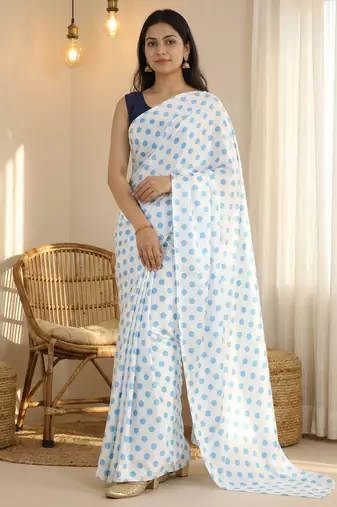 White & sky color polka dots printed japan satin saree with unstitched blouse