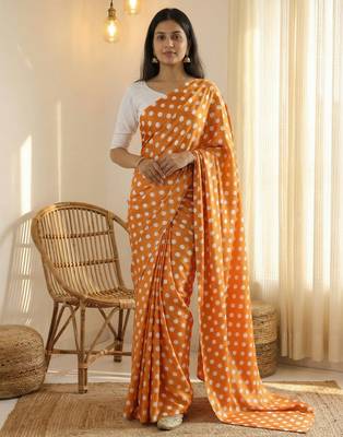 Orange & white color polka dots printed japan satin saree with unstitched blouse 2