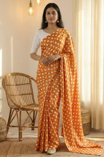 Orange & white color polka dots printed japan satin saree with unstitched blouse
