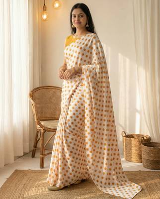 White & orange color polka dots printed japan satin saree with unstitched blouse 2