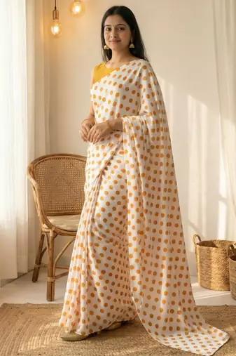White & orange color polka dots printed japan satin saree with unstitched blouse