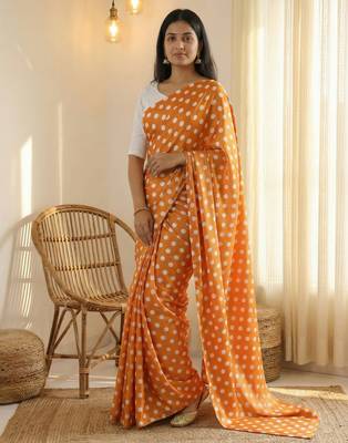 Orange & white color polka dots printed japan satin saree with unstitched blouse 3