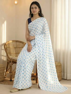 White & sky color polka dots printed japan satin saree with unstitched blouse 4