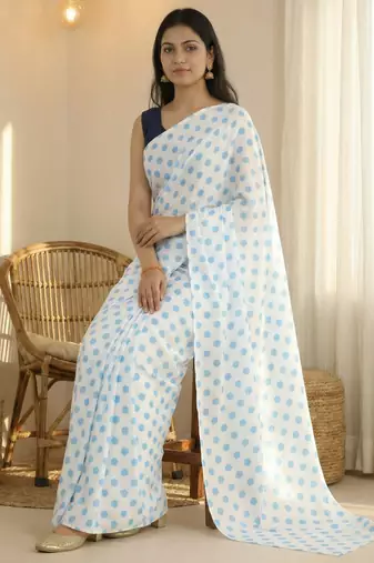 White & sky color polka dots printed japan satin saree with unstitched blouse