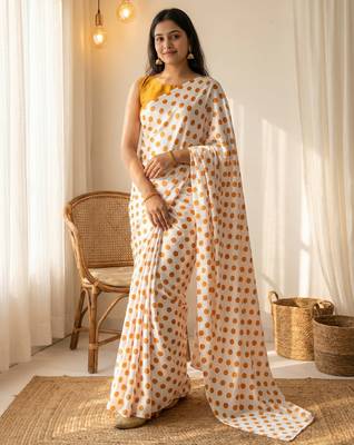 White & orange color polka dots printed japan satin saree with unstitched blouse 3