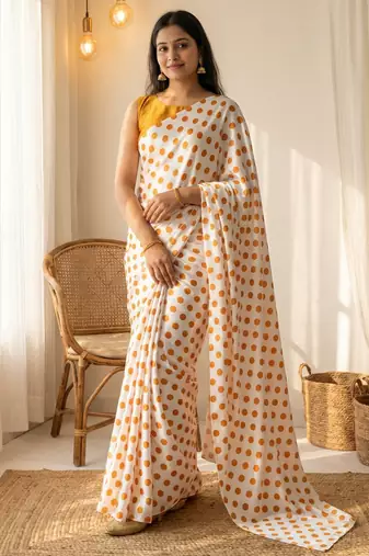 White & orange color polka dots printed japan satin saree with unstitched blouse