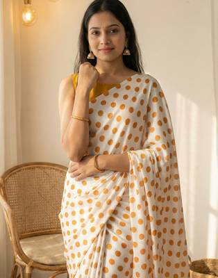 White & orange color polka dots printed japan satin saree with unstitched blouse 4