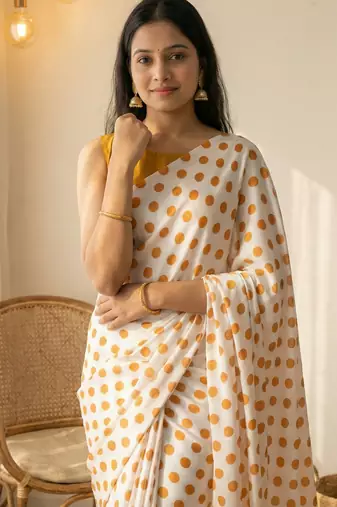 White & orange color polka dots printed japan satin saree with unstitched blouse