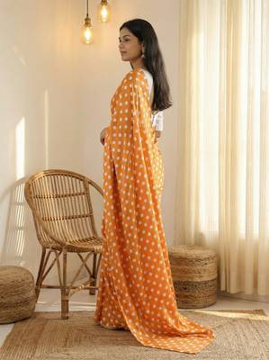 Orange & white color polka dots printed japan satin saree with unstitched blouse 4