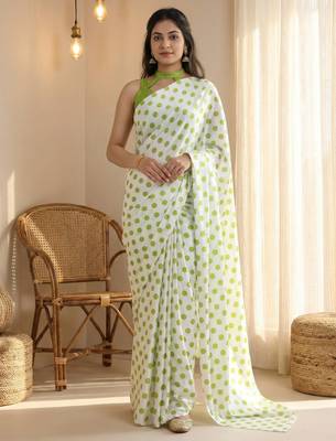 White & parrot color polka dots printed japan satin saree with unstitched blouse 1