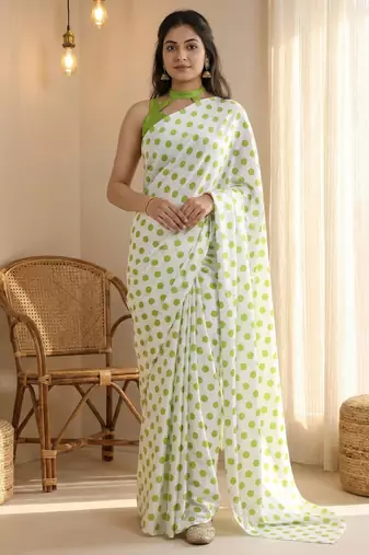White & parrot color polka dots printed japan satin saree with unstitched blouse