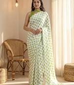 White & parrot color polka dots printed japan satin saree with unstitched blouse