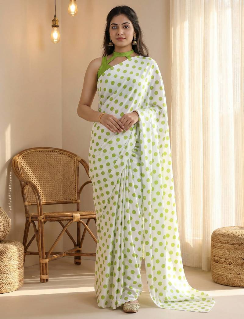 White & parrot color polka dots printed japan satin saree with unstitched blouse