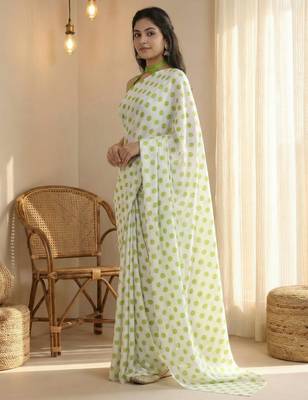 White & parrot color polka dots printed japan satin saree with unstitched blouse 2
