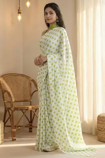 White & parrot color polka dots printed japan satin saree with unstitched blouse