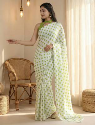 White & parrot color polka dots printed japan satin saree with unstitched blouse 3