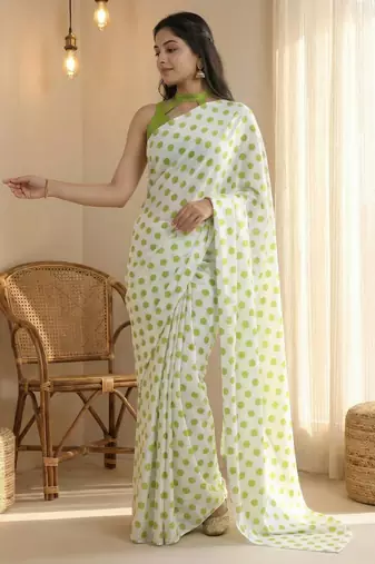 White & parrot color polka dots printed japan satin saree with unstitched blouse