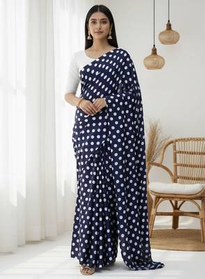 Neavy-blue & white color polka dots printed japan satin saree with unstitched blouse 1