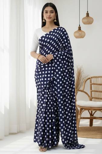 Neavy-blue & white color polka dots printed japan satin saree with unstitched blouse