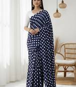 Neavy-blue & white color polka dots printed japan satin saree with unstitched blouse