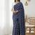 Neavy-blue & white color polka dots printed japan satin saree with unstitched blouse