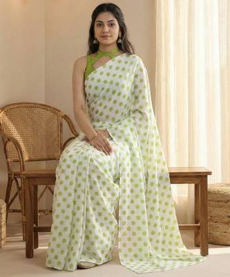 White & parrot color polka dots printed japan satin saree with unstitched blouse 4